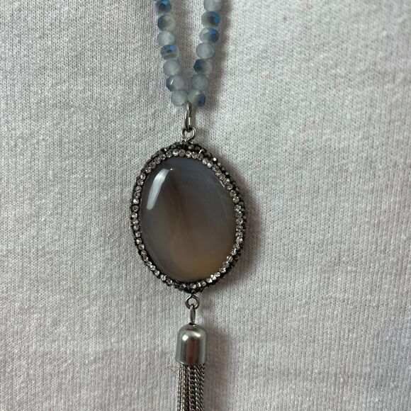 Tassel Chain Necklace Glass Beads Silver Tone Curb 32in Rhinestone Banded Agate - Picture 6 of 14